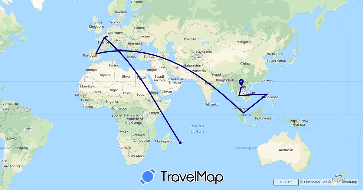 TravelMap itinerary: driving in Spain, France, Laos, Mauritius, Philippines, Singapore, Thailand (Africa, Asia, Europe)